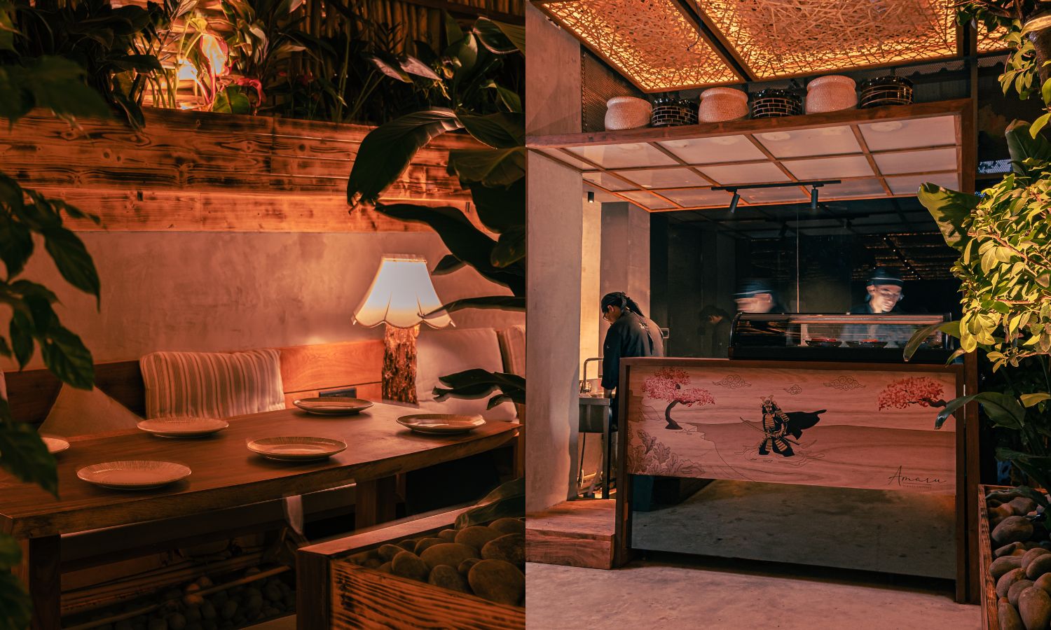 Left to Right: Outdoor Seating; Sushi Bar Amaru outdoor seating and sushi bar