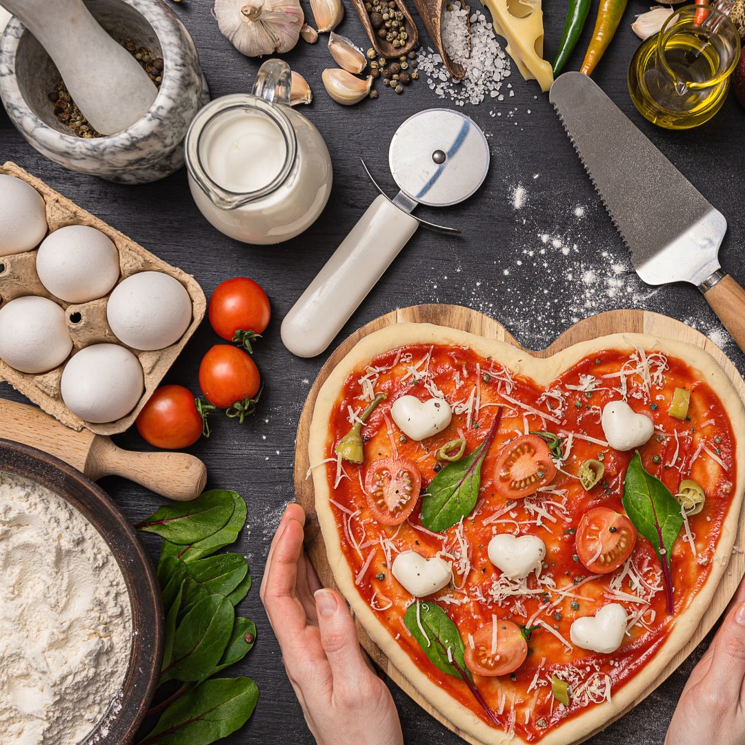 A beautiful heart-shaped pizza for Valentines Day