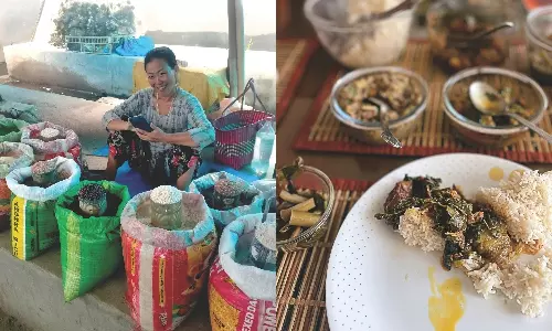 Varieties of rice, plate of rice and pork